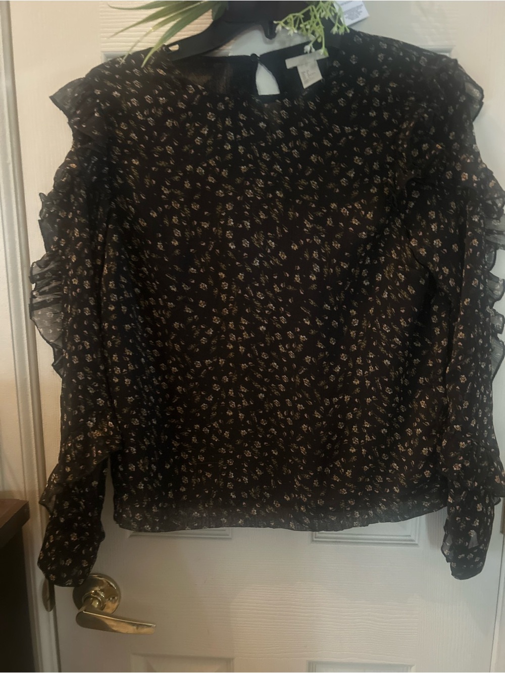H&M Black Long-Sleeve Floral Ruffle Blouse size small.